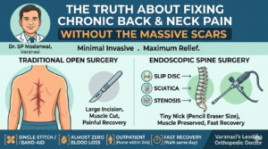 An infographic thumbnail comparing traditional open spine surgery with massive scars to modern endoscopic spine surgery using a pencil eraser-sized nick. Features Dr. SP Modanwal, Varanasi's leading orthopedic doctor.