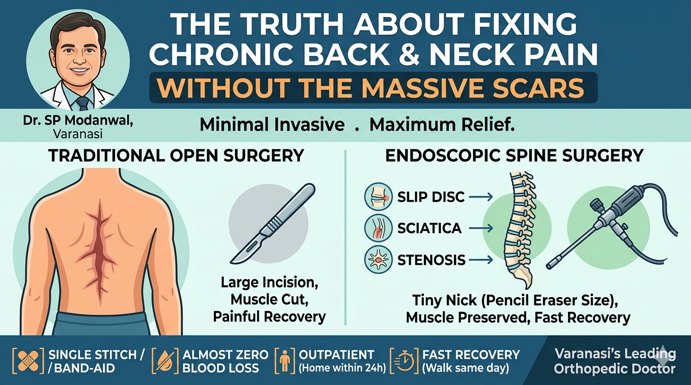 An infographic thumbnail comparing traditional open spine surgery with massive scars to modern endoscopic spine surgery using a pencil eraser-sized nick. Features Dr. SP Modanwal, Varanasi's leading orthopedic doctor.