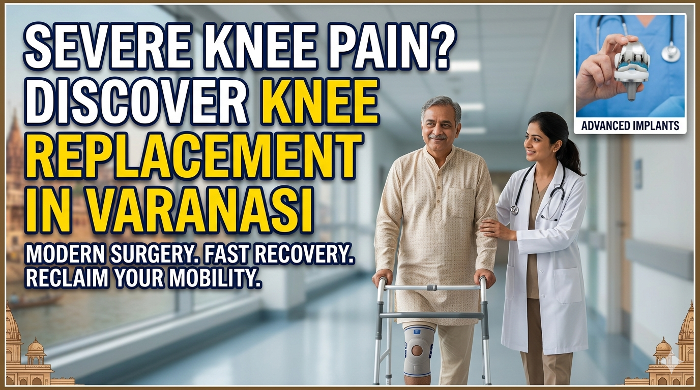 A professional blog thumbnail featuring an elderly Indian man smiling as he takes a step using a walker, supported by a female doctor in a white coat inside a bright hospital hallway. The left side of the image features large, bold text reading "SEVERE KNEE PAIN? DISCOVER KNEE REPLACEMENT IN VARANASI" and a subtitle "MODERN SURGERY. FAST RECOVERY. RECLAIM YOUR MOBILITY." In the top right corner, there is a small inset photo of a surgeon holding a modern knee implant labeled "ADVANCED IMPLANTS". Traditional Varanasi temple silhouettes frame the bottom corners.