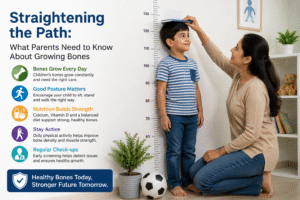A mother measures her young son's height against a growth chart at home, highlighting healthy bone growth, posture, and child development.
