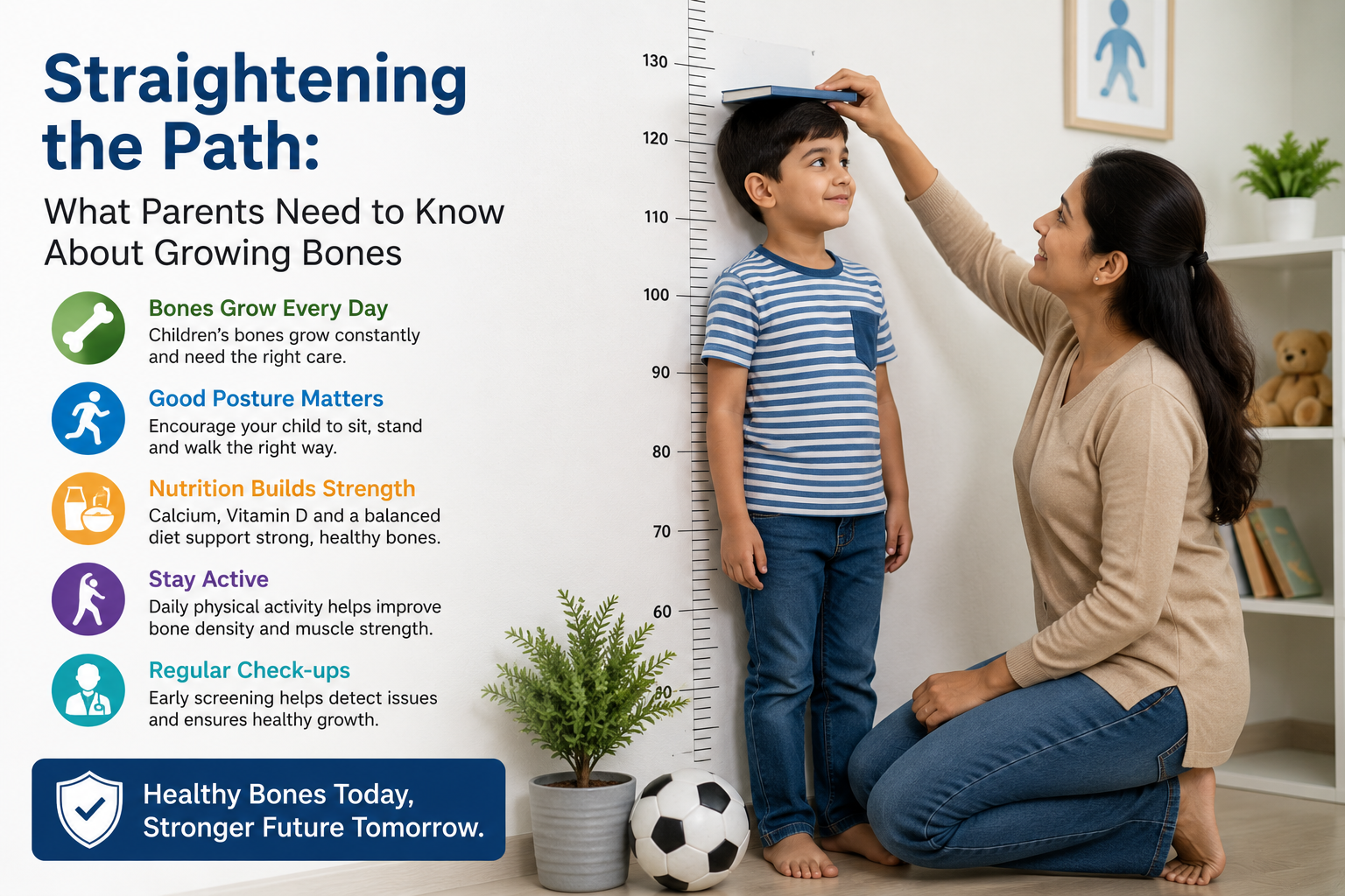 A mother measures her young son's height against a growth chart at home, highlighting healthy bone growth, posture, and child development.