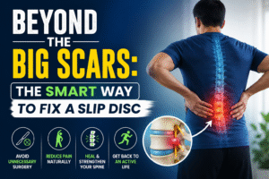 llustration of a minimally invasive endoscopic spine procedure showing a tiny camera targeting a slipped disc.