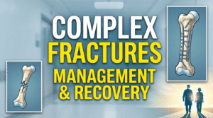 Diagram showing the surgical repair of a complex bone fracture using titanium plates and screws for stabilization and recovery.