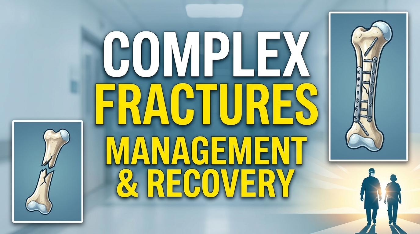 Diagram showing the surgical repair of a complex bone fracture using titanium plates and screws for stabilization and recovery.