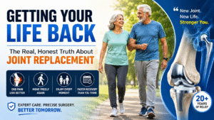 Smiling elderly couple walking comfortably in a park after successful knee replacement surgery with a modern knee implant illustration representing pain-free mobility and improved quality of life.