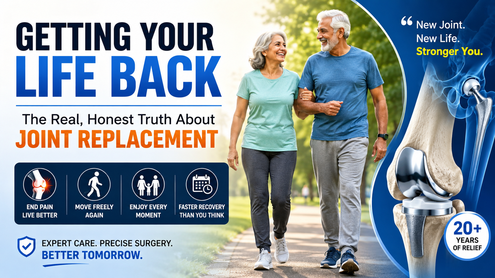 Smiling elderly couple walking comfortably in a park after successful knee replacement surgery with a modern knee implant illustration representing pain-free mobility and improved quality of life.