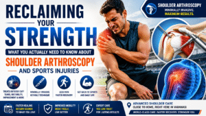 Athlete experiencing shoulder pain with a medical illustration showing shoulder arthroscopy procedure and rotator cuff repair, representing minimally invasive treatment for sports injuries.