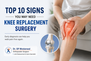 A person holding a painful knee with an illustration of a knee joint replacement, representing the top signs that may indicate the need for knee replacement surgery.