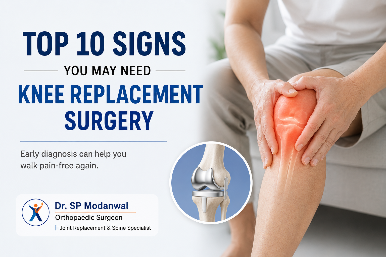 A person holding a painful knee with an illustration of a knee joint replacement, representing the top signs that may indicate the need for knee replacement surgery.